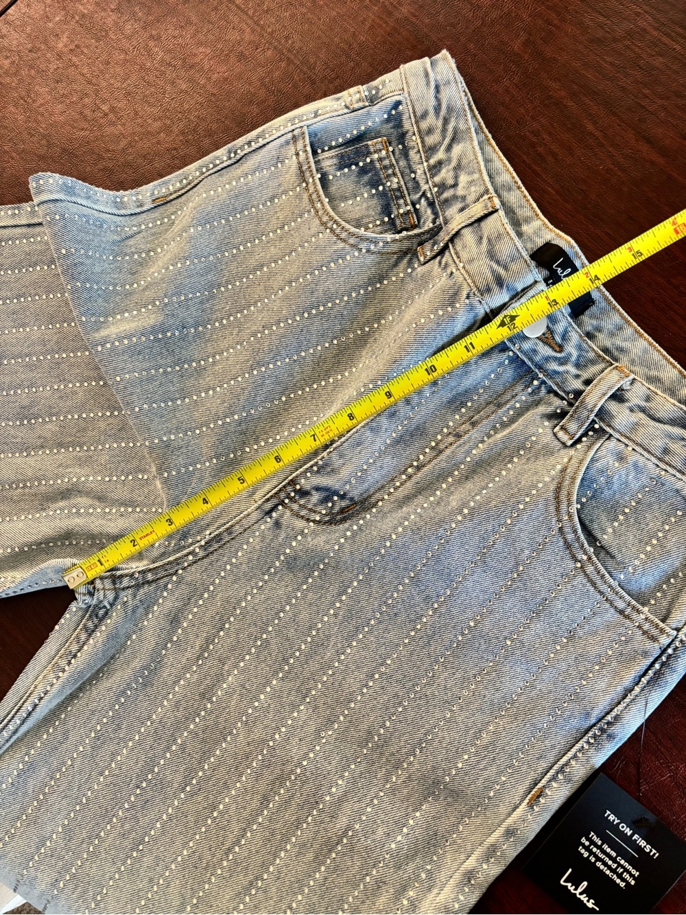 Lulus Danice Light Wash Denim Rhinestone Straight Leg Jeans Blue - Size M - Picture 8 of 9